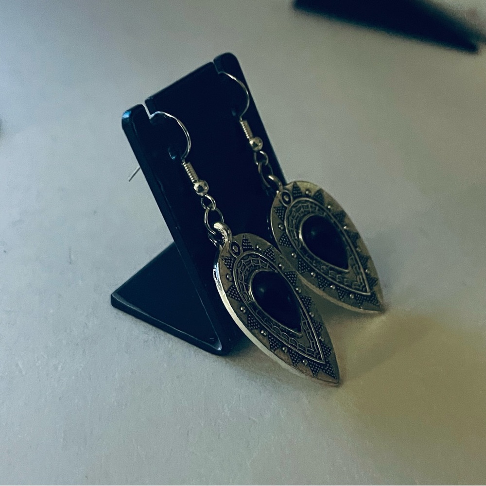 New S925 Sterling Silver Artisan Natural Polished Black Onyx Tibetan Earrings - Picture 6 of 13